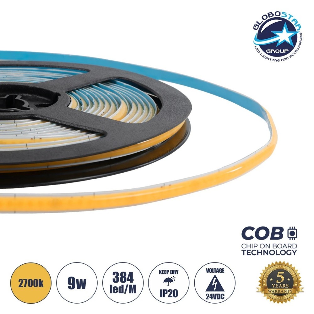 GLOBOSTAR® BEE 70357 Ταινία LED 9W-m 810lm-m 120° DC 24V IP20 384 x COB Chip-m Θερμό Λευκό 2700K Dimmable - Sanan COB Chip - Μ500 x Π0.5 x Υ0.2cm - Ρολό 5 Μέτρων - 5 Χρόνια Εγγύηση